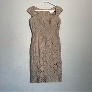 Tan Fitted Dress w/ Flower Buttons on the Back | Byron Lars